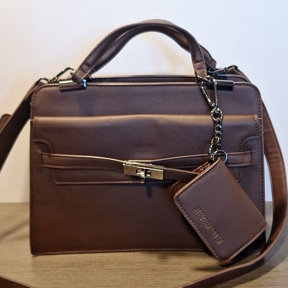 Steve Madden Brown Satchel Top Handle Bag Silver Hardware Pouch Pockets